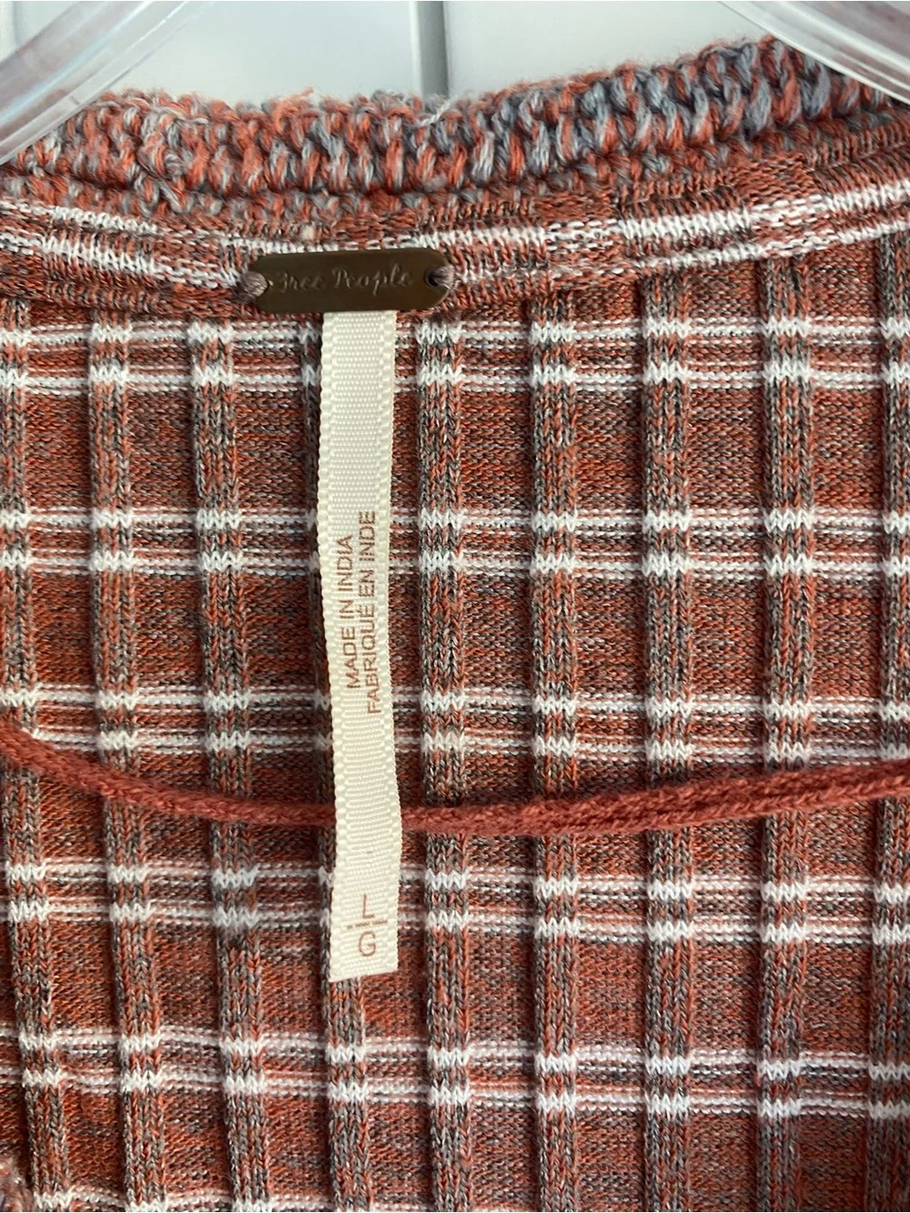 Free People Ribbed Knit Henley Top Crochet Collar Rust Stripe Size Large